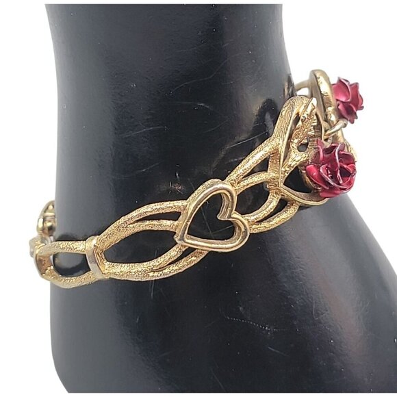 The Art of Beauty Cuff Bangle Bracelet Double Red Rose Buds Gold Tone Size 7 - Picture 3 of 16